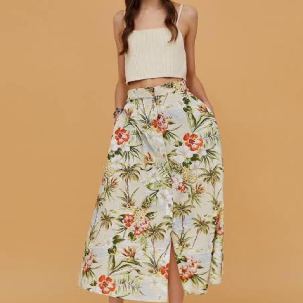 Zara Palm Tree Print Midi Skirt 100% Cotton Boho Vacation Bahamas S Small - Picture 1 of 11